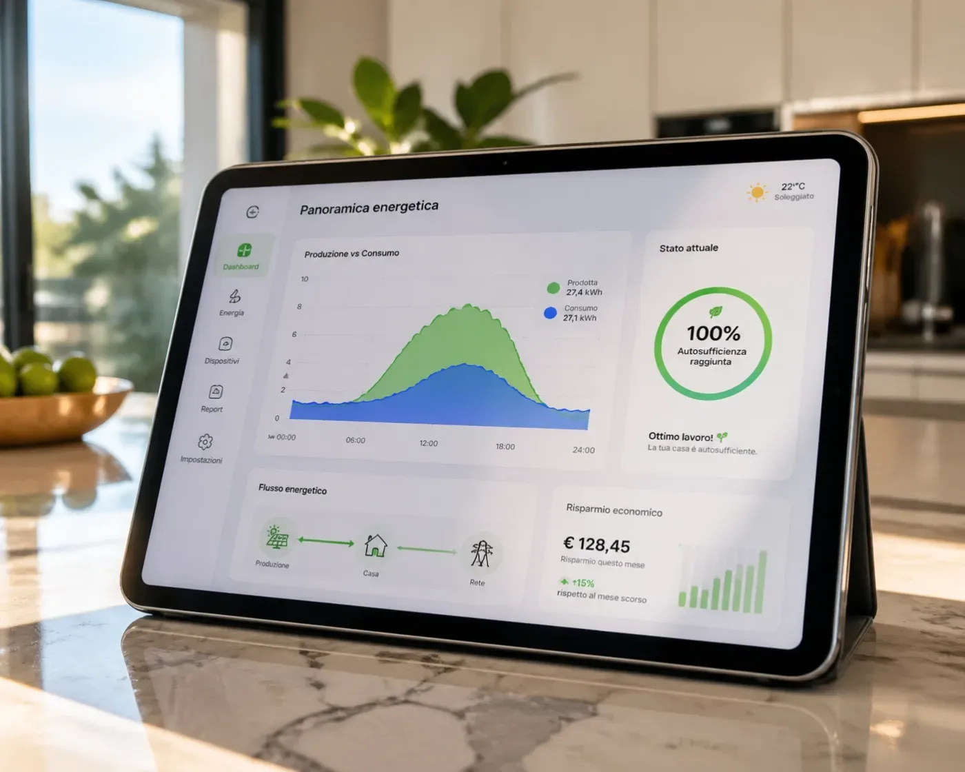 Monitoraggio dei consumi di un impianto fotovoltaico per casa su tablet per ottimizzare l’autoconsumo.