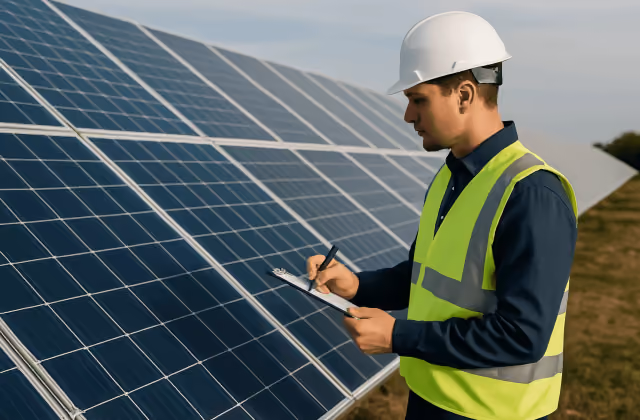 Tecnico fotovoltaico con casco e clipboard che ispeziona pannelli solari all'aperto in una giornata di sole.