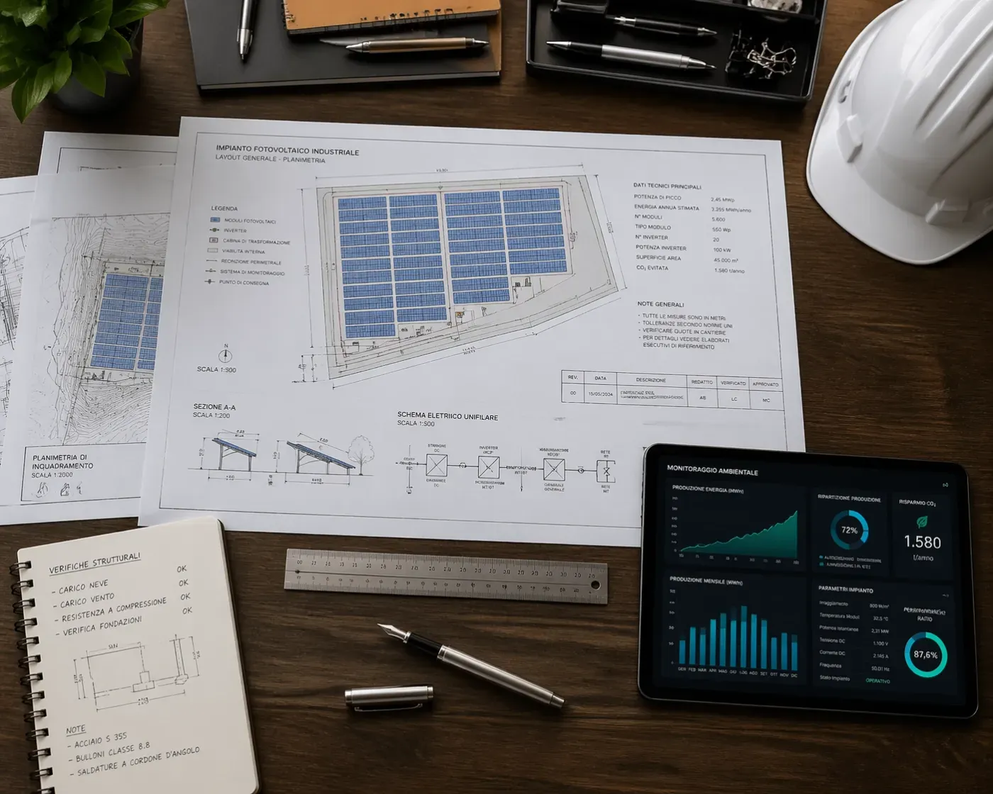 Documentazione tecnica e disegni di un impianto fotovoltaico industriale per pratiche DNSH.