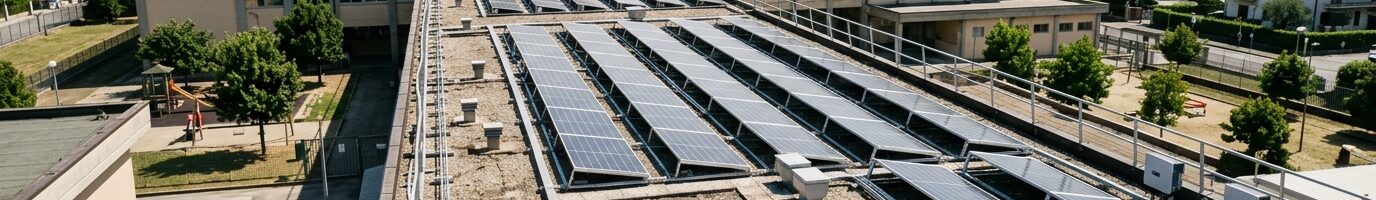 Impianto fotovoltaico installato sul tetto di una scuola pubblica, esempio di fotovoltaico per la Pubblica Amministrazione