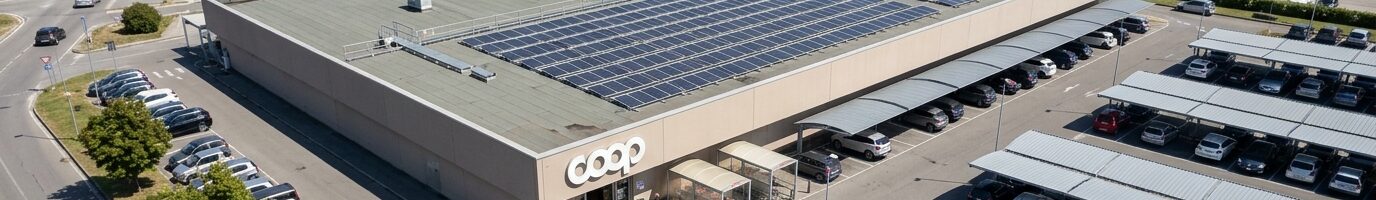 Impianto fotovoltaico sul tetto di un supermercato con pensiline solari sul parcheggio